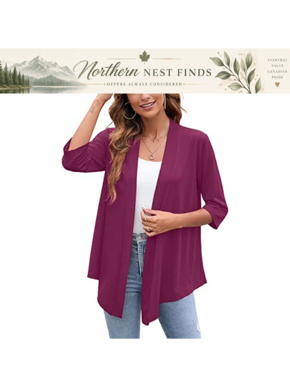 Women's Lightweight Open Front Cardigan 3/4 Sleeve Draped Flowy Casual Sweater